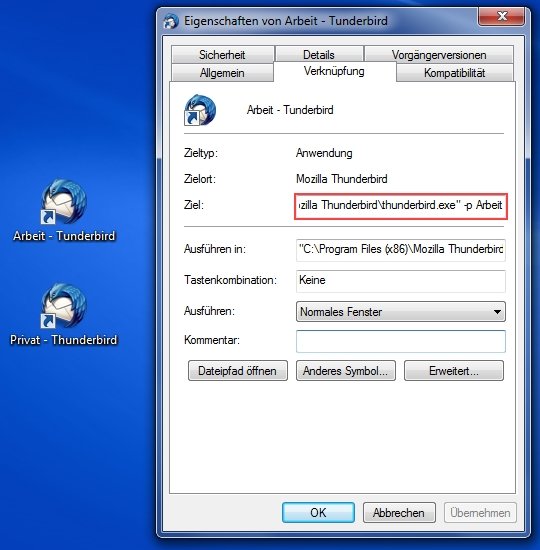 Thunderbird Profile Verknüpfung