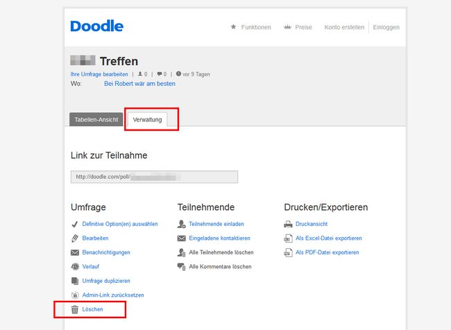 Hier löscht ihr eure Doodle-Umfrage.