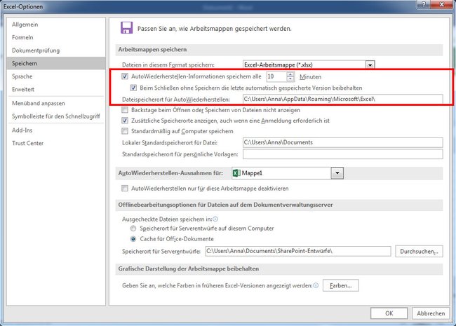 Hier stellt ihr ein, wie oft Excel die Dokumente im Hintergrund automatisch speichert.