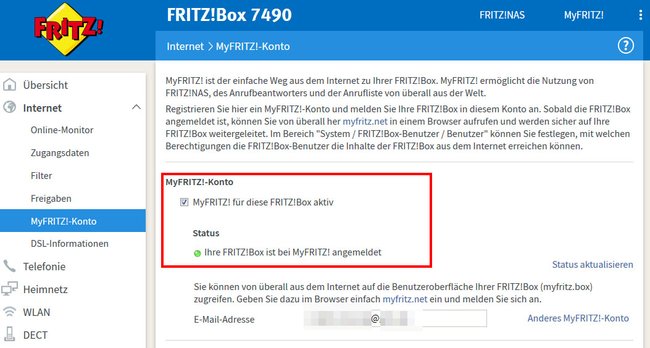Die Fritzbox ist über Myfritz angemeldet.