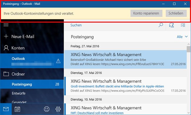Windows 10 mit dem Fehler, dass die Outlook-Kontoeinstellungen veraltet sind