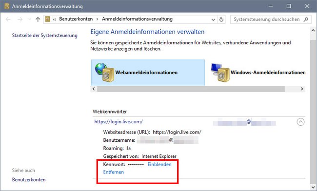 Internet Explorer: Passwörter anzeigen oder löschen.