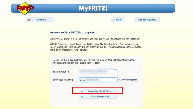 Loggt euch zunächst bei Myfritz ein.