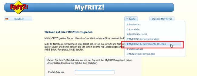 Hier löscht ihr euer MyFritz-Konto.