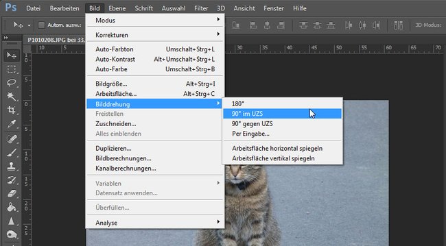 Photoshop: Hier könnt ihr das Bild um 90 und 180 Grad drehen.