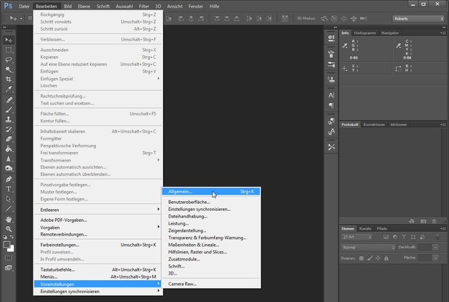 So öffnet ihr die Photoshop-Einstellungen.