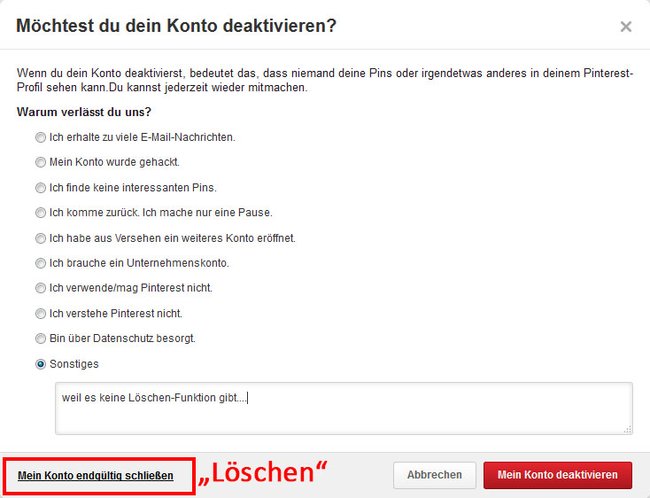 Pinterest: Wählt aus, das Konto zu schließen, wenn ihr es löschen wollt.