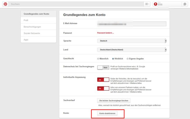 Pinterest-Einstellungen: Hier findet ihr den Button "Konto deaktivieren".