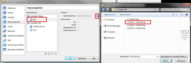 Virtualbox: Legt ihr virtuell die Diskette ein.