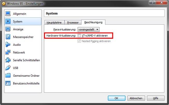 VIrtualbox: Deaktiviert die Hardware-Virtualisierung, um Fehler bei der Windows-95-Installation zu vermeiden.