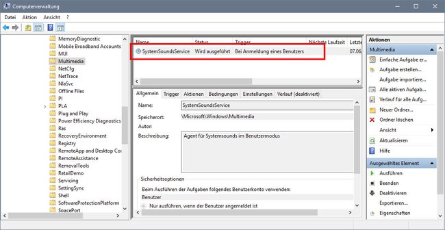 Windows 10: In der Aufgabenplanung könnt ihr die SystemSoundsService deaktivieren.