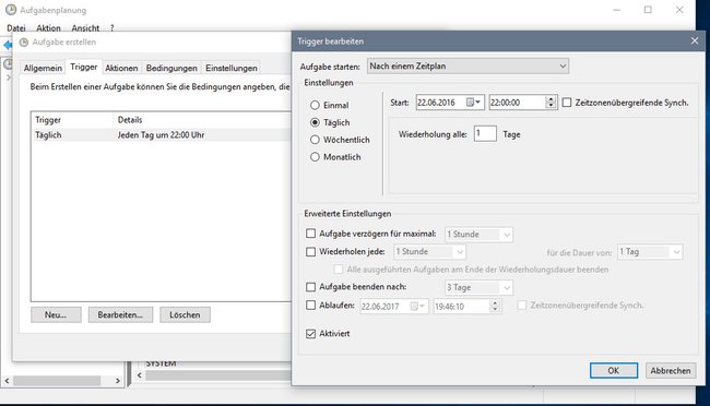 Windows 10: Hier stellt ihr ein, wann die Aufgabe durchgeführt wird.