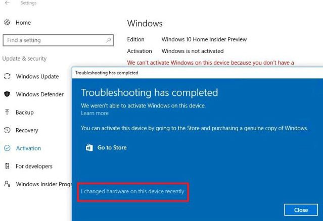 Windows 10: Klickt auf den Link, dass ihr eure Hardware geändert habt.