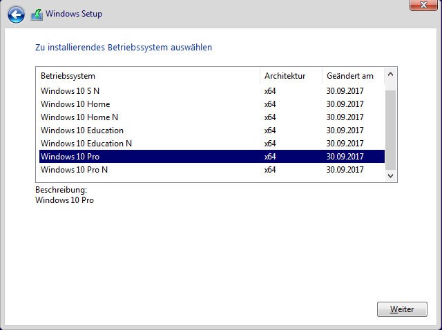 Wählt die zu installierende Windows-Version aus