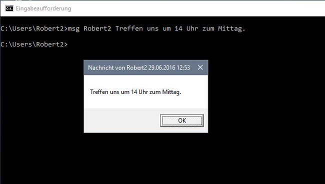 Selbsttest: Eine Nachricht mit msg.exe unter Windows 10.