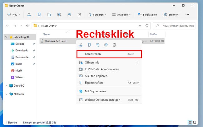 Alternativ klickt ihr mit der rechten Maustaste auf die ISO-Datei und wählt „Bereitstellen“ aus. Bild: GIGA