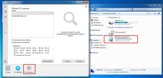 Windows 7: Die ISO-Datei ist gemounted und wird im Explorer angezeigt. Bild: GIGA