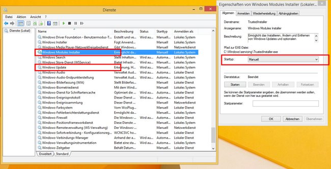 Windows-Dienste: Setzt den Starttyp auf "Manuell", um TiWorker.exe zu deaktivieren. Bild: GIGA