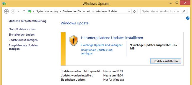 Windows 8: Sucht manuell nach Updates und installiert diese, um TiWorker.exe zu beenden. Bildquelle: GIGA