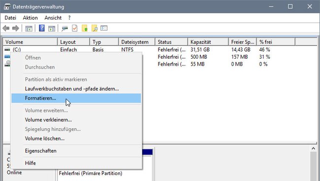 Windows-Datenträgerverwaltung: Hier könnt ihr den Datenträger formatieren. Bildquelle: GIGA