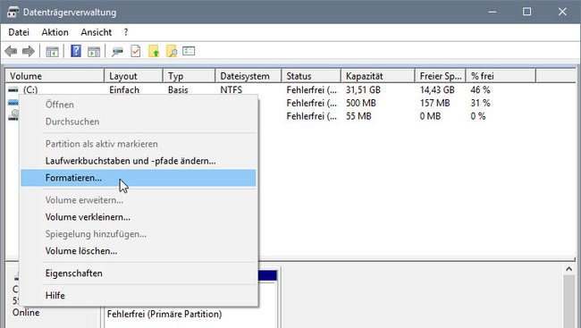 Windows-Datenträgerverwaltung: Hier könnt ihr den Datenträger formatieren.
