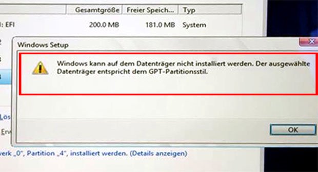 Angeblich kann Windows nicht installiert werden. Bild: GIGA