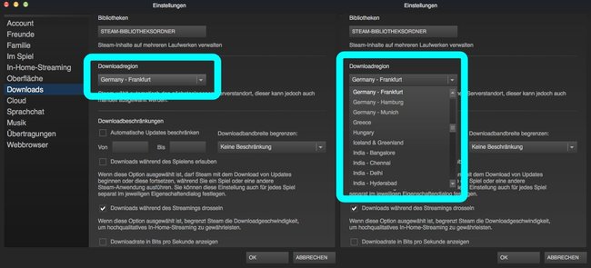 Hier stellt ihr eure Downloadregion bei Steam ein.