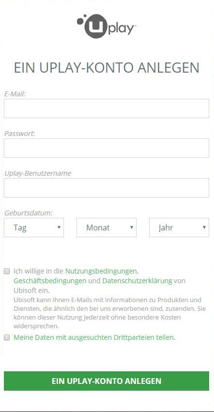 Wollt ihr ein Konto erstellen, benötigt Uplay nicht nur die Daten, die ihr auf dem ersten Blick erkennt. Auch euer vollständiger Name sowie euer Geschlecht müsst ihr angeben.