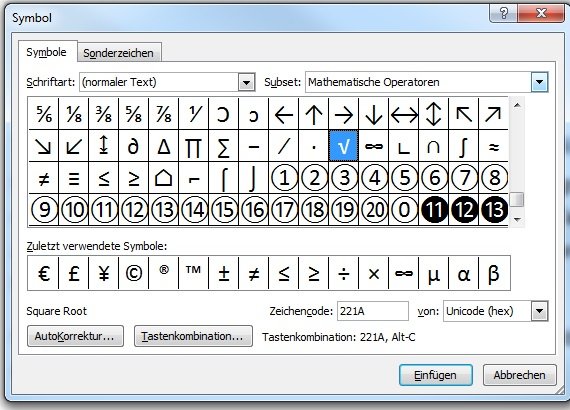 wurzel-zeichen-word