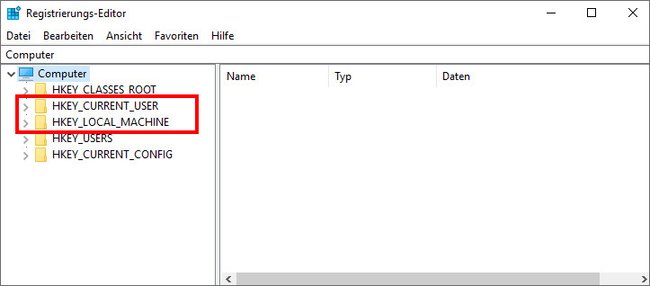 Hier findet ihr die Schlüssel HKEY_LOCAL_MACHINE und HKEY_CURRENT_USER.