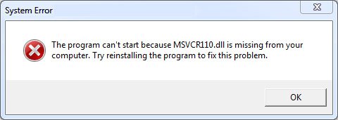 Die DDL-Datei MSVCR110.dll fehlt hier, um ein Programm zu starten.