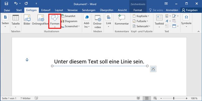 Word: Mit dem Formen-Werkzeug fügt ihr eine Linie ein. (Bildquelle: GIGA)