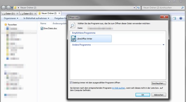 Windows: Die DOC-Datei wird nun zukünftig immer mit LibreOffice Writer geöffnet.