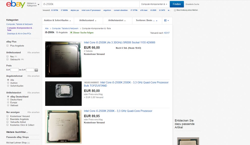 Intels CPU-Klassiker i5-2500K ist preiswert auf dem Gebrauchtmarkt und bietet genug Leistung selbst für aktuelle Spiele (Screenshot: eBay.de)