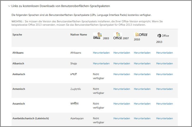 Auf der Microsoft-Webseite findet ihr die übrigen Sprachen für Excel als Sprachpaket-Datei.