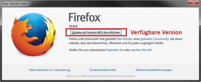 Hier zeigt Firefox die aktuelle, verfügbare Version an.