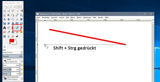 Gimp: Haltet die Shift- und Strg-Taste gedrückt, um gerade Linien zu zeichnen.