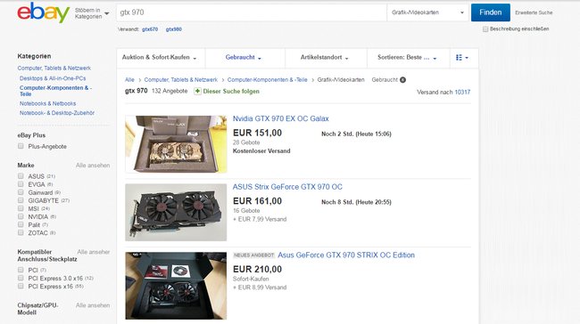 Potente Grafikkarten  wie die Geforce GTX 970 sind auf dem Gebrauchtmarkt teils deutlich preiswerter (Screenshot: eBay.de)