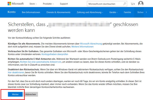 Hier löscht ihr euer Outlook E-Mail-Konto zusammen mit eurem Microsoft-Konto.