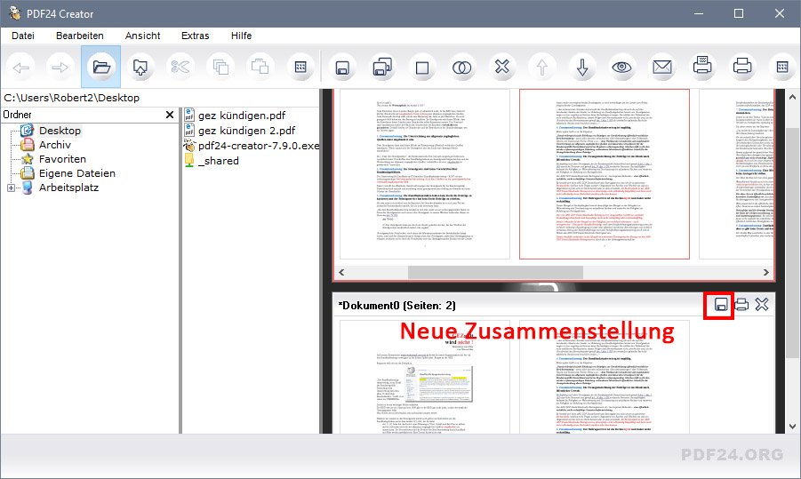 PDF24 Creator: Zieht benötigte Seiten in die untere Vorschau und speichert sie als neue PDF-Datei ab.