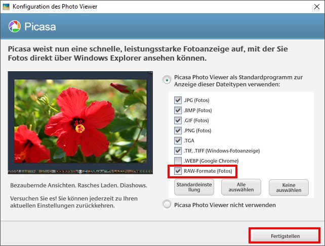 Hier sollte ein Häkchen gesetzt sein, damit Picasa CR2-Dateien findet und öffnen kann. Bild: GIGA