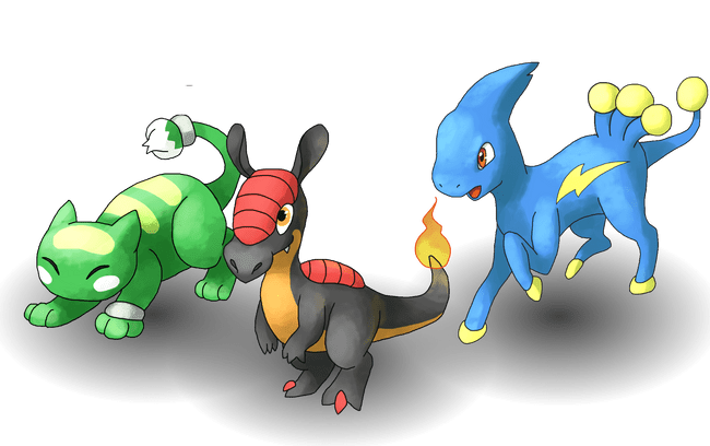Das sind die 3 Starter-Pokémon: (v.l.n.r.) Orchynx, Raptorch und Eletux. (Bildquelle: pokemon-uranium.wikia.com)