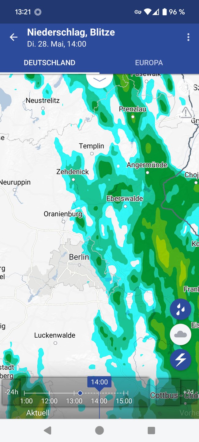 Darstellung eines Regengebietes im zeitlichen Verlauf in der WarnWetter-App des Deutschen Wetterdienstes