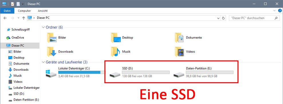 Windows 10 zeigt die beiden SSD-Partitionen im Explorer an. Bild: GIGA