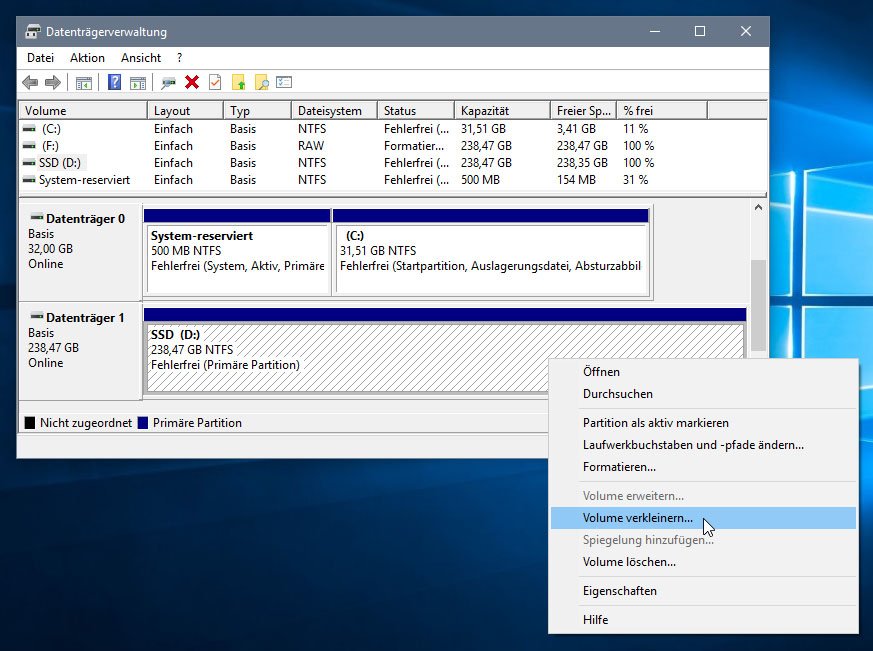 Windows-Datenträgerverwaltung: Hier partitioniert ihr eure SSD. Bild: GIGA