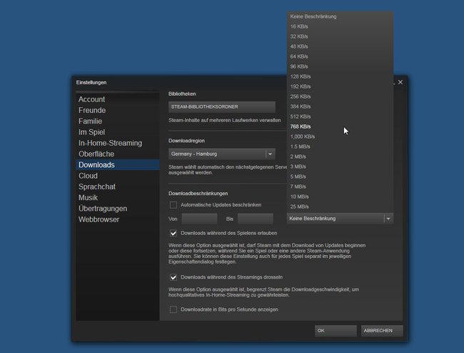 Hier könnt ihr den Steam-Download von Spielen begrenzen.