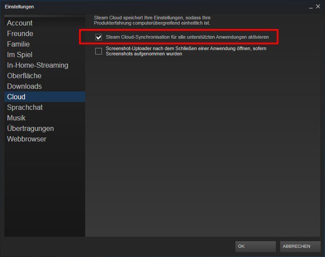 Steam: aktiviert die Cloud-Funktion, um Spielstände online zu sichern.