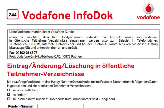 Telefonbucheintrag löschen: Bei Vodafone müsst ihr ein Formular ausdrucken und abschicken.