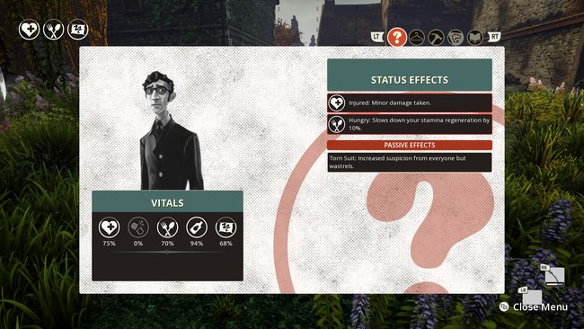 Die Statuseffekte in We Happy Few: Links seht ihr eure Gesundheit, danach kommt der Anteil von Joy in eurem Körper, Hunger, Durst und eure Erschöpfung.