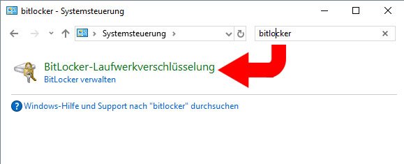 Sucht in der Systemsteuerung nach „bitlocker“und klickt auf diesen Eintrag.